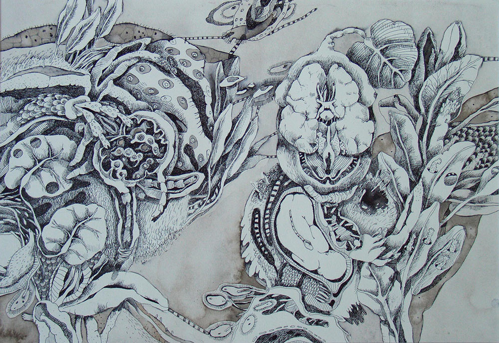 Ancestrale - disegno a china e acquerello su carta 25x36