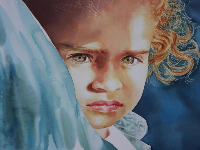 ritratto bambina sull'autobus, 38x56, acquerello su carta, 2014