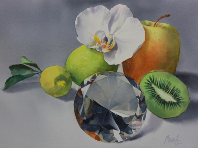 Still life orchidea e kiwi, 34x56, acquerello su carta, 2015